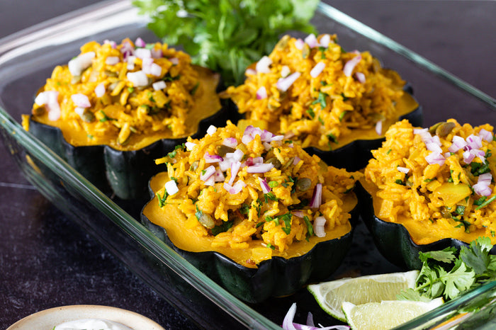 Tandoori Rice Stuffed Acorn Squash (Vegan)