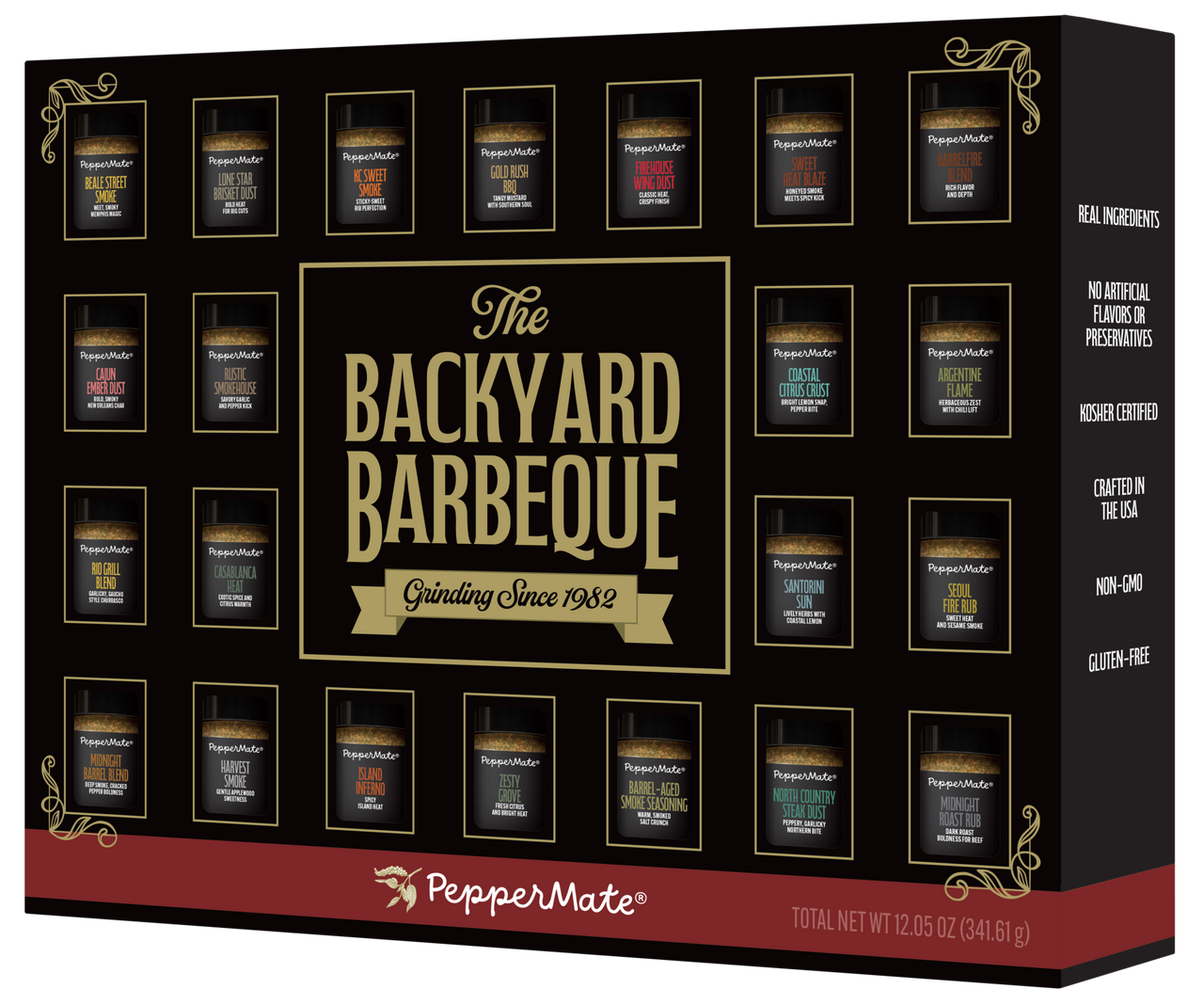 Ultimate 22-Spice Backyard Barbeque gift set with 22 premium spice jars in black and gold packaging