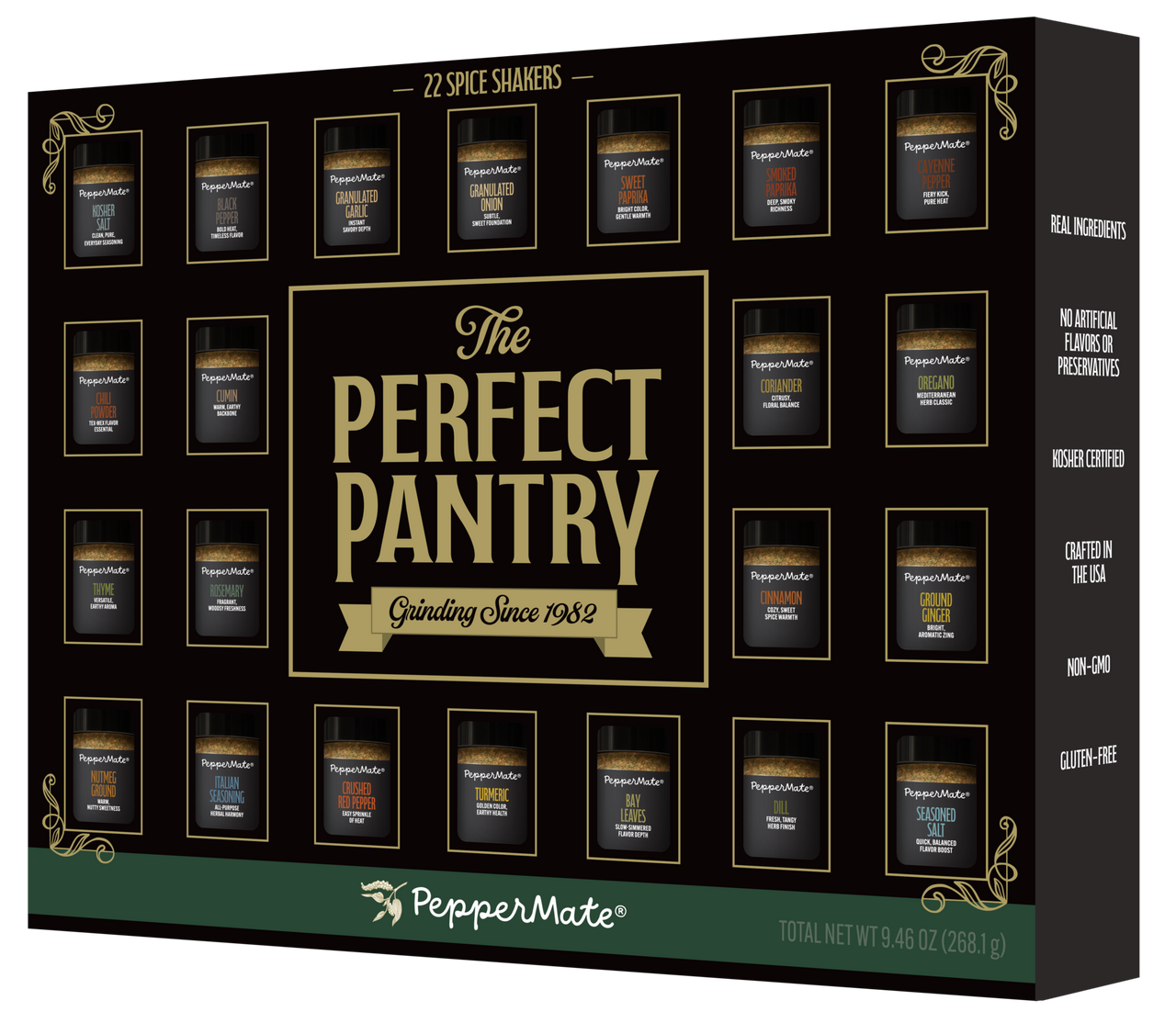 The Perfect Pantry 22-Spice Gift Set with 22 essential herbs and spices in 1 oz jars, non-GMO, preservative-free, made in the USA.